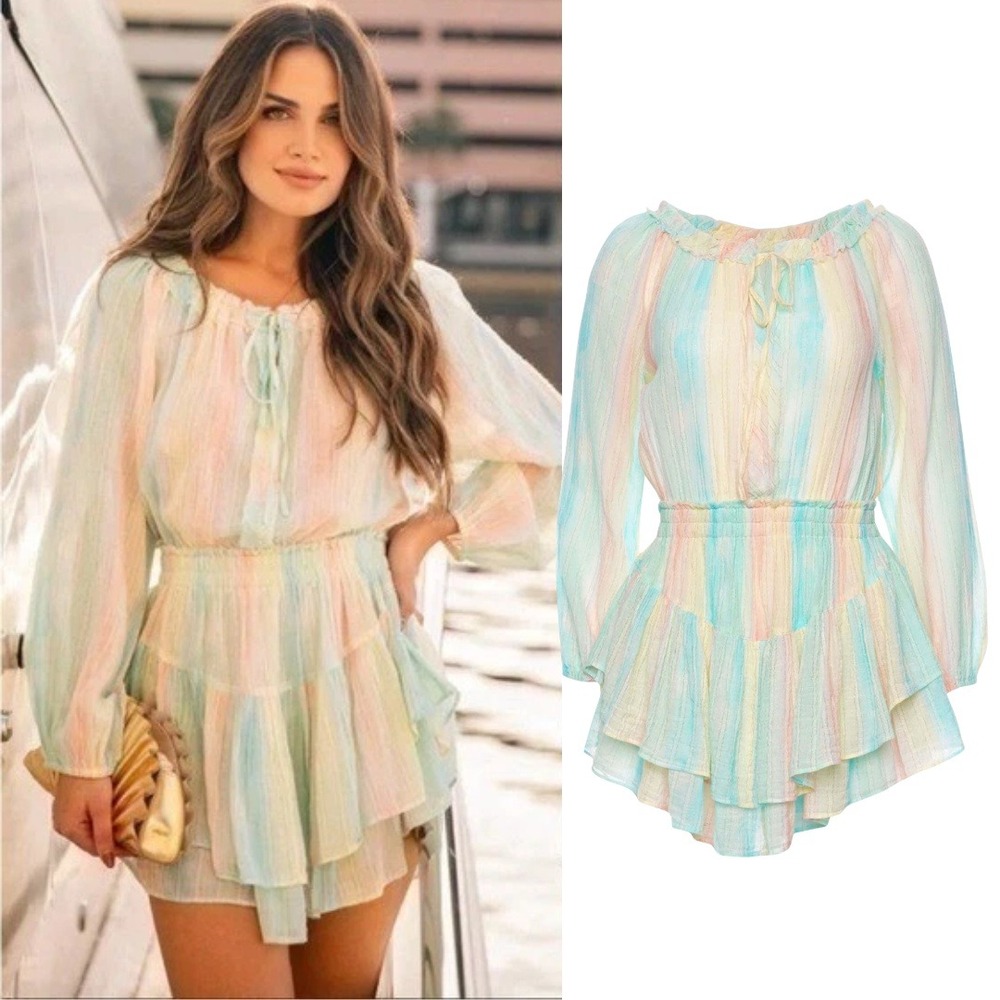 LoveShackFancy Dress Banou Pastel Cotton Smocked Mini Dress Long Sleeve Size S